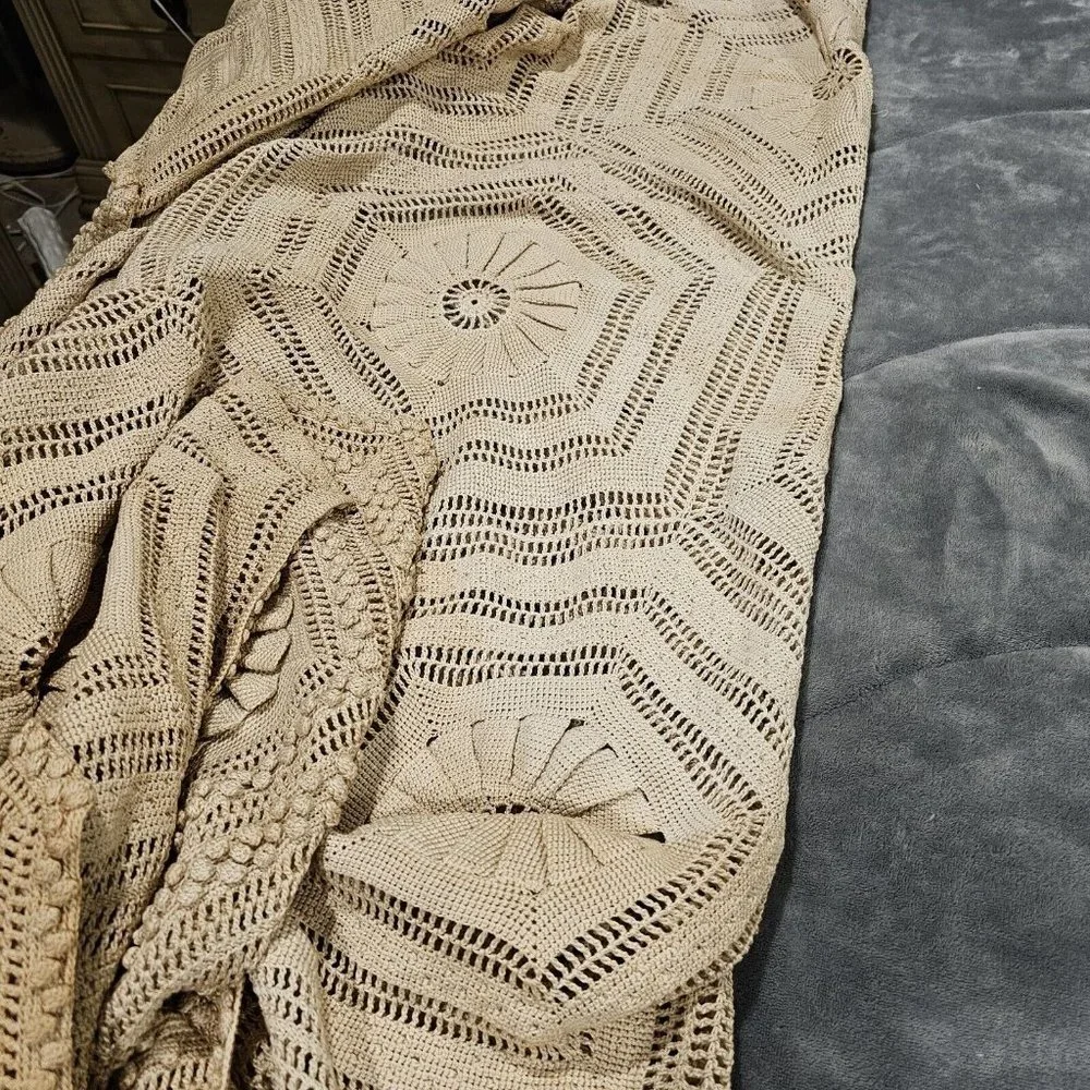 Vintage Cream 3d‎ Popcorn Sunflower Crochet Afghan Blanket King 96x104 He…